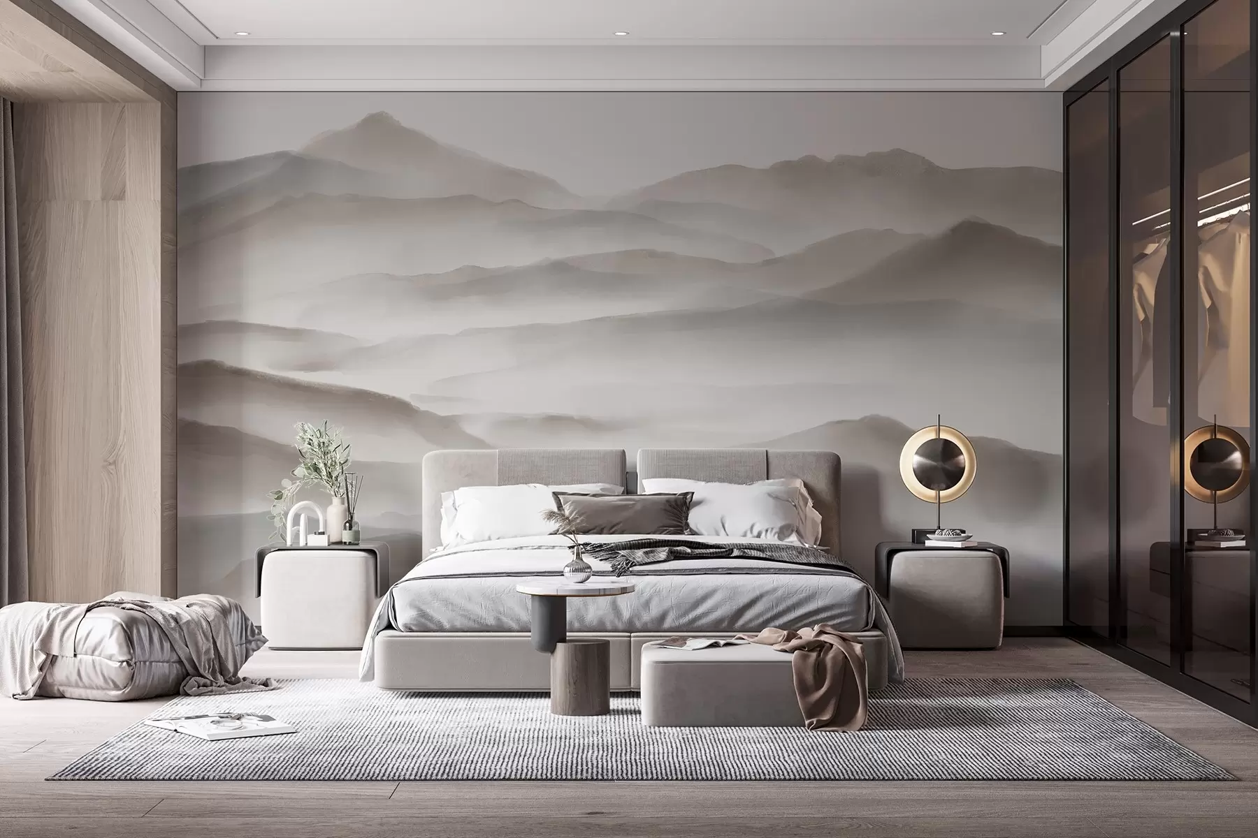 Fototapete Minimalistische Gebirgslandschaft mit sanften Hügeln und Nebel, die einen ruhigen und stimmungsvollen Druck erzeugen w08602