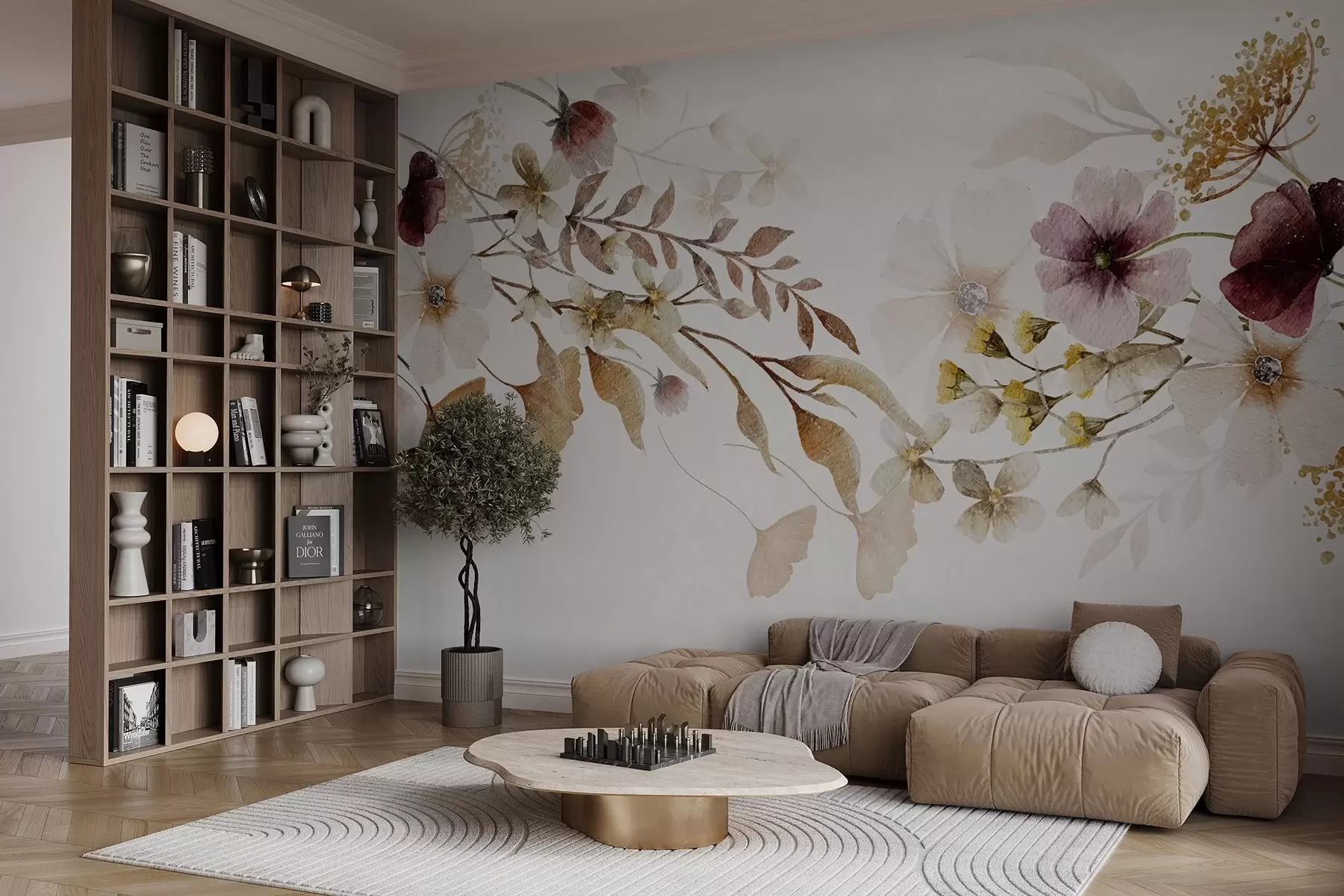 Fototapete Blumenarrangement mit weichen, gedeckten Farben mit beigen und weißen Blüten und Blättern vor hellem Hintergrund w08603