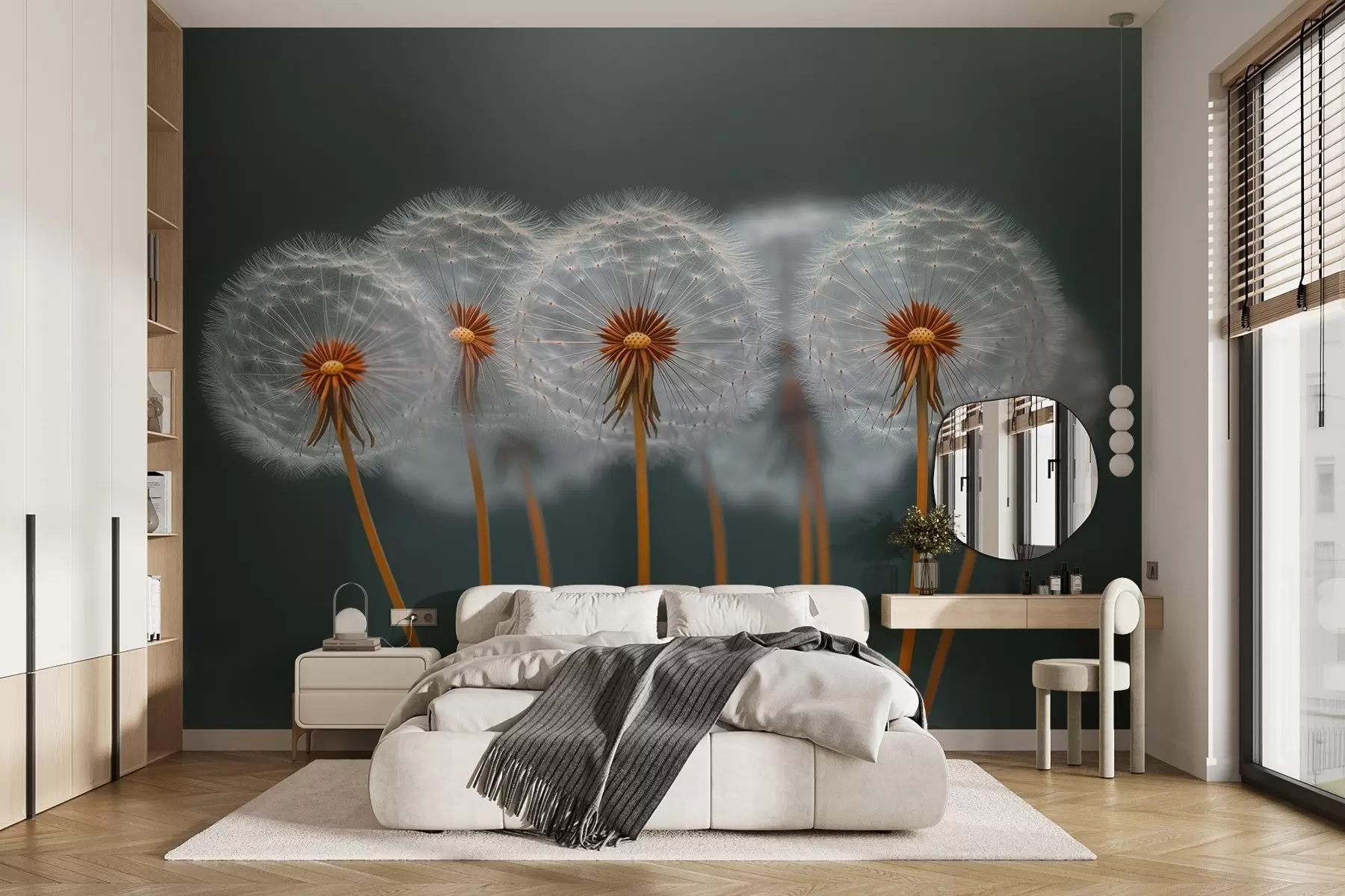 fototapeter Luftige mælkebøtter mod en mørk, naturlig baggrund w08498