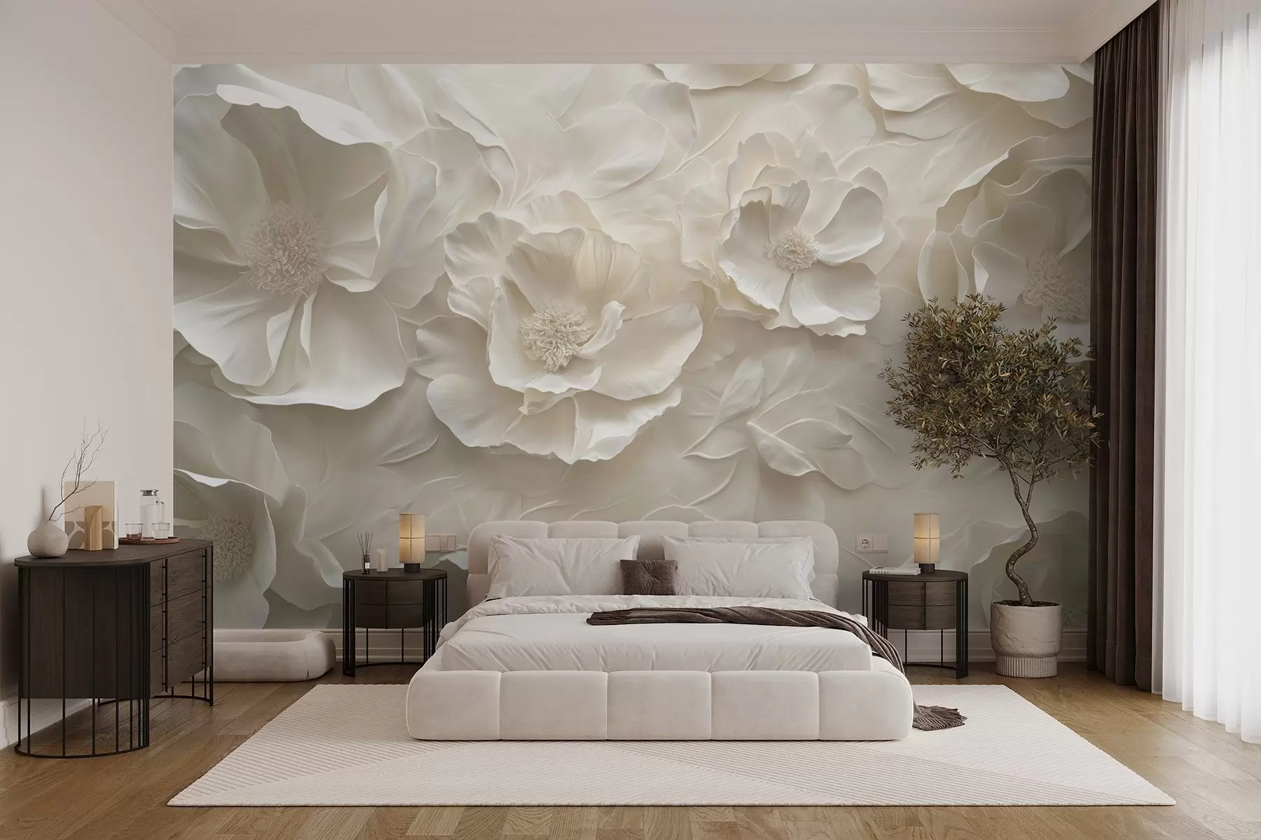 Fototapete Luftige Blumen in warmen Tönen vor einem Hintergrund aus Blattstrichen w08562