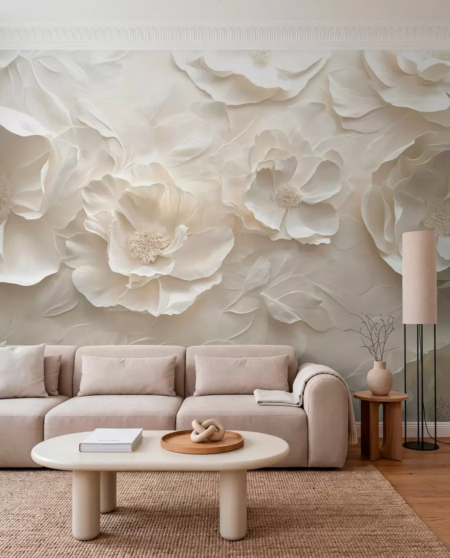 fototapeter Luftige blomster i varme toner mod en baggrund af bladstreger w08562
