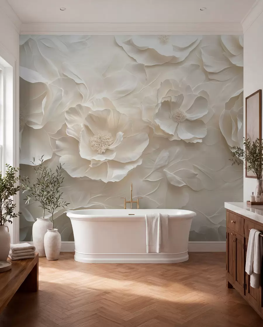 fototapeter Luftige blomster i varme toner mod en baggrund af bladstreger w08562