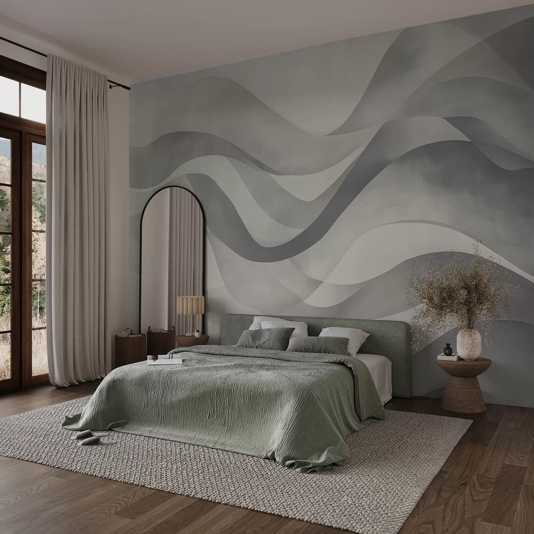 Fototapete Sanfte Wellen in grau-blauen Tönen im Aquarellstil w08564v1