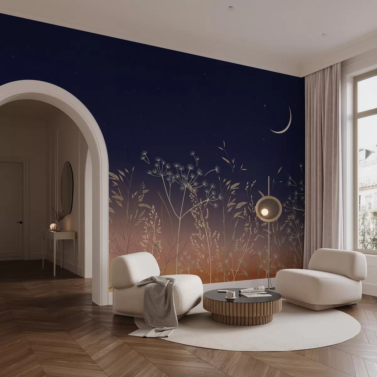 fototapeter Mælkebøtter med vilde blomster mod en solnedgangsbaggrund med en blå himmel og månen w08567