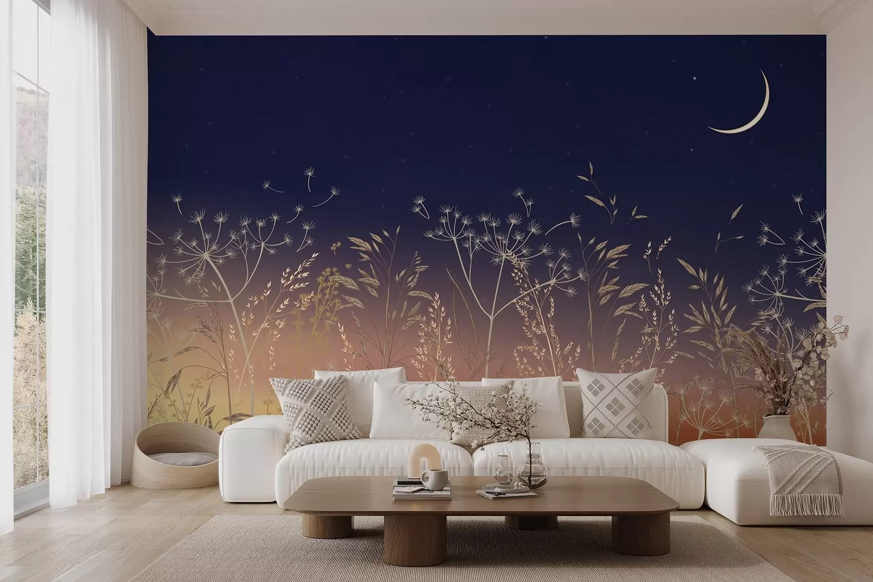 fototapeter Mælkebøtter med vilde blomster mod en solnedgangsbaggrund med en blå himmel og månen w08567