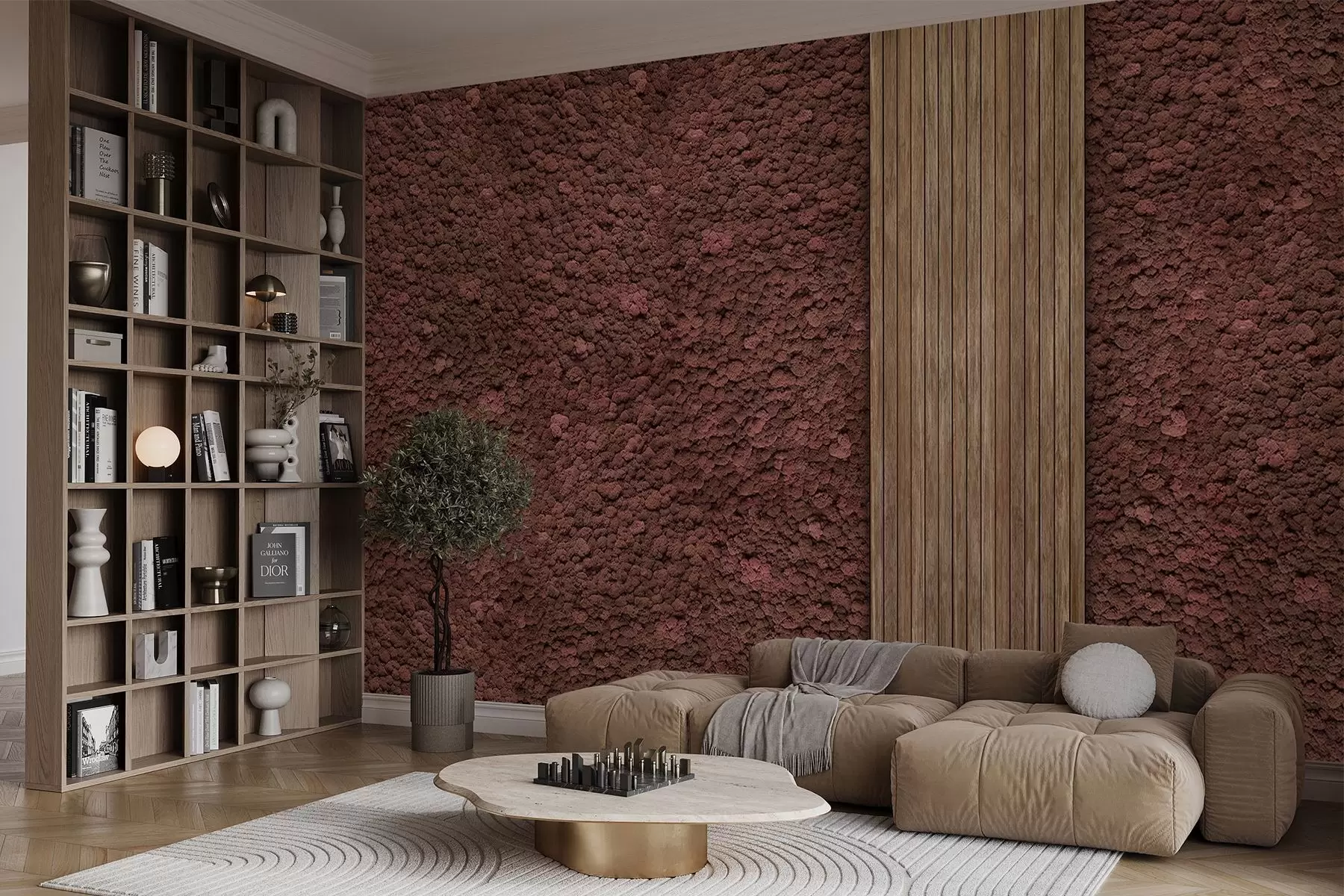 fototapeter Væg i mos-stil med træpanel, frodige bordeauxfarver w02656v1