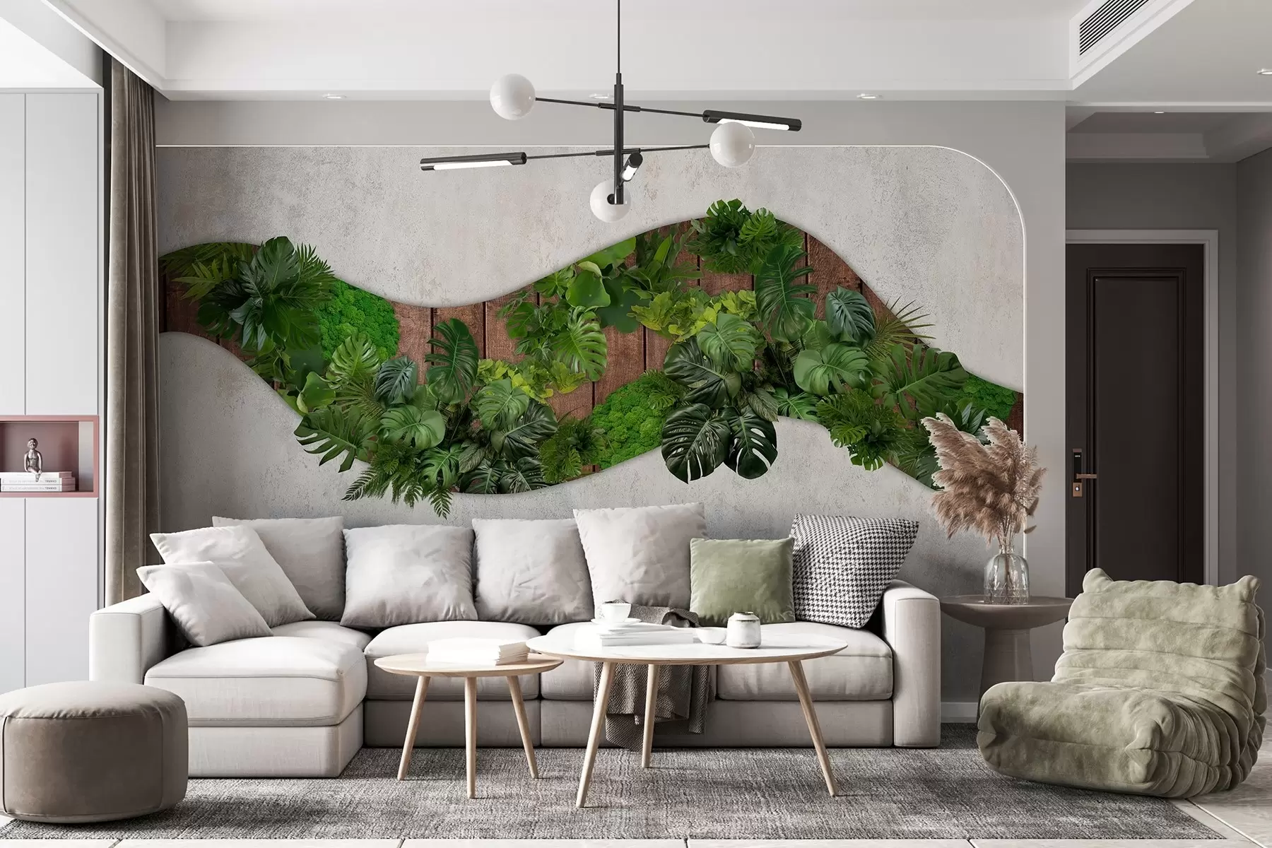 fototapeter Vægdekoration med planter, mos, palmeblade, træbaggrund w02658