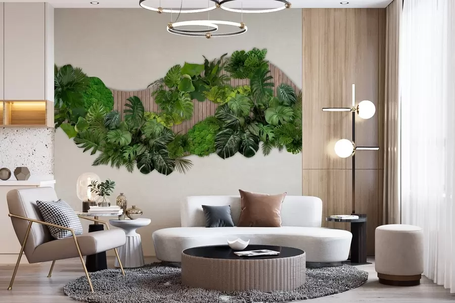 Fototapete Blumentafel mit Palmenblättern, Moos und Holzhintergrund w02717