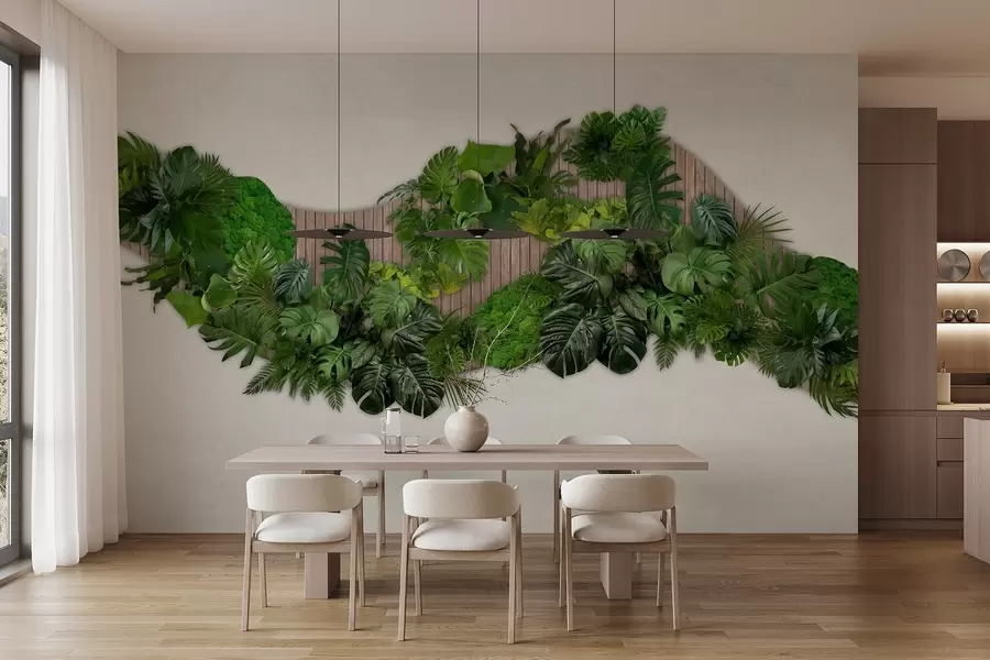 Fototapete Blumentafel mit Palmenblättern, Moos und Holzhintergrund w02717