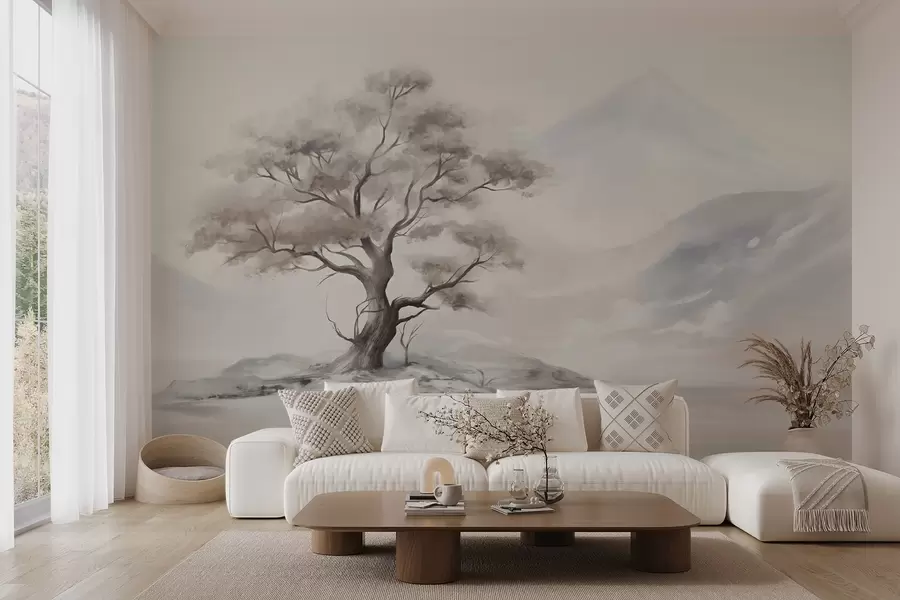 Murale Dessin minimaliste d'un arbre solitaire et tordu dans un paysage désolé et rocailleux avec des montagnes en arrière-plan w08604