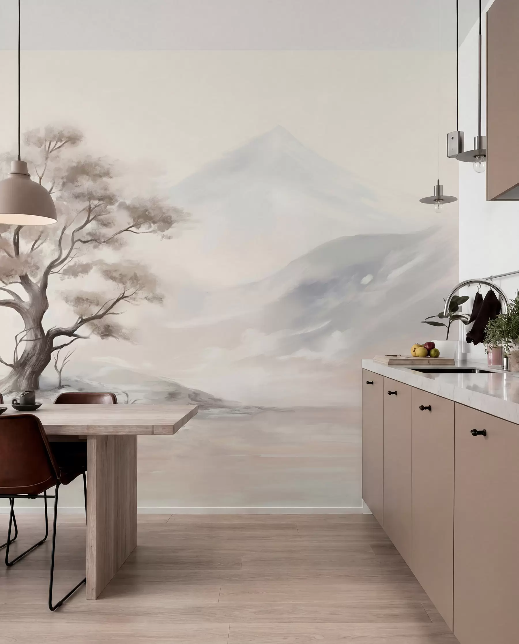 fototapeter En minimalistisk tegning af et ensomt, forvredet træ i et øde klippelandskab med bjerge i baggrunden  w08604