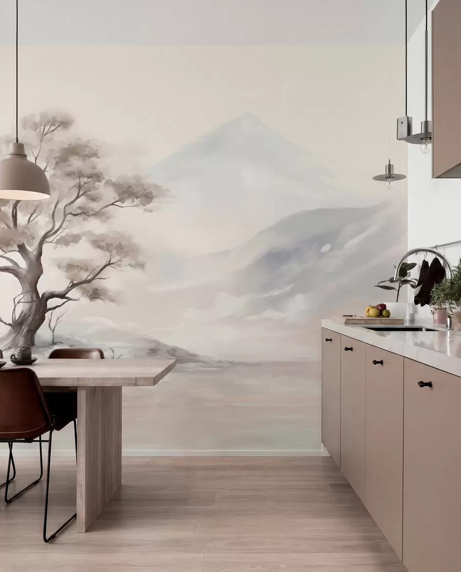 fototapeter En minimalistisk tegning af et ensomt, forvredet træ i et øde klippelandskab med bjerge i baggrunden  w08604