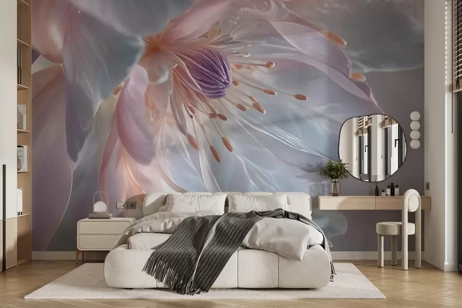 Fototapete Eine Nahaufnahme einer zarten, pastellfarbenen Blume mit weichen, durchscheinenden Blütenblättern und einer leuchtenden Mitte w08605