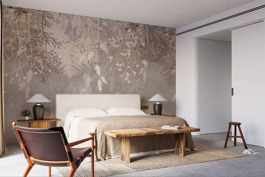 Fototapete Eine verträumte, zarte, wispy Pflanzen, Ährchen und Blumen in braunen Pastellfarben vor einem dunstigen, strukturierten Hintergrund w08606v1