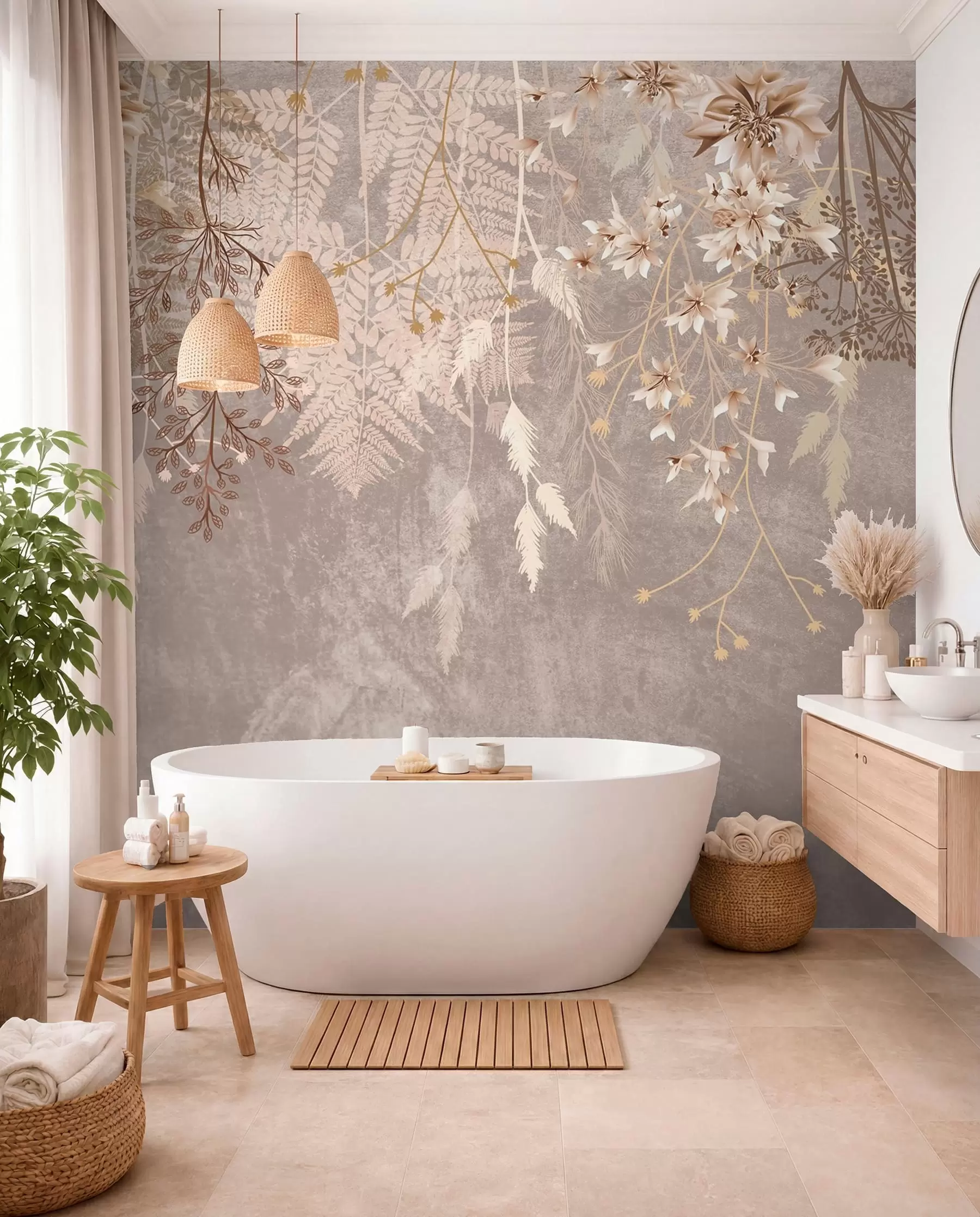 fototapeter Drømmende, sarte, spinkle planter, pigge og blomster i brune pastelfarver mod en diset, struktureret baggrund w08606v1