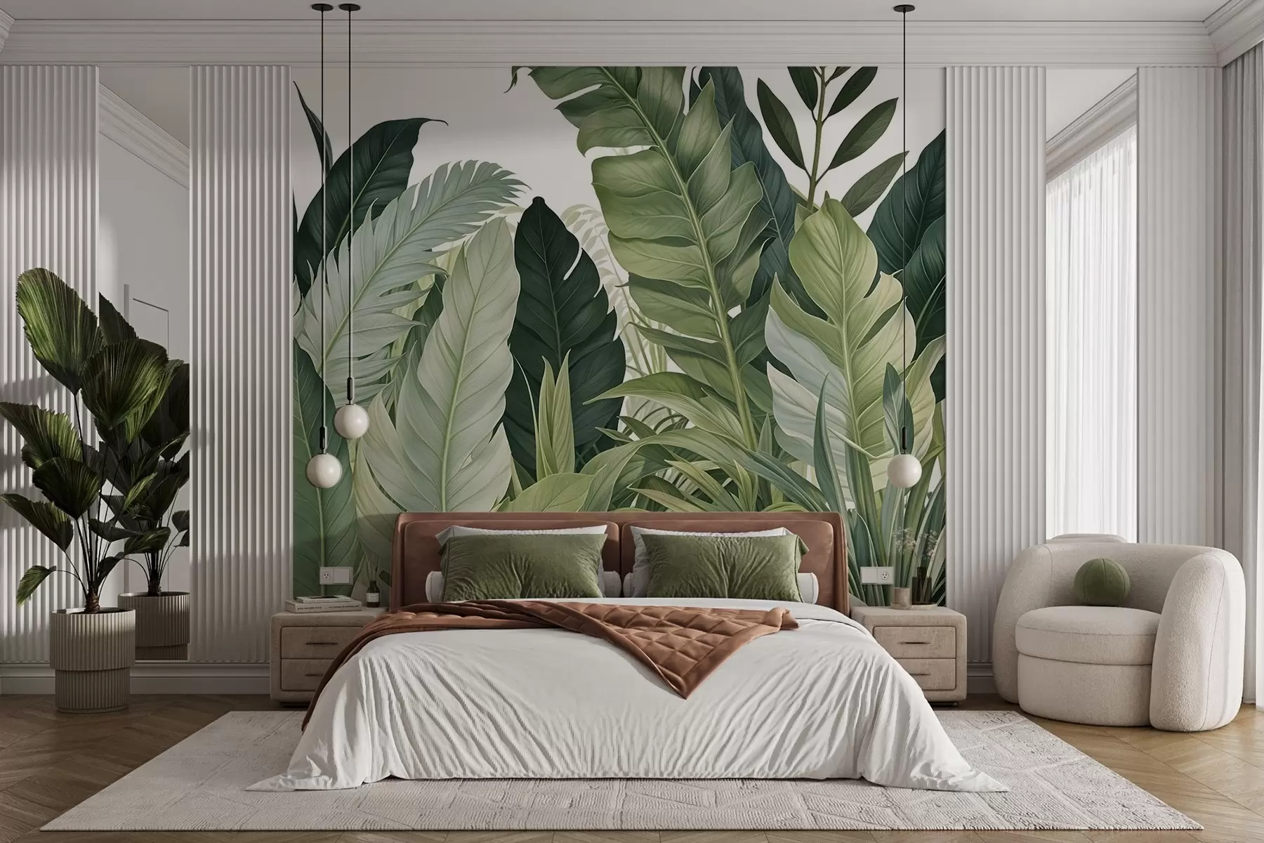 Murale Feuillage tropical avec diverses grandes feuilles vertes, y compris des feuilles de bananier, des feuilles de palmier et d'autres espèces de plantes exotiques w08609