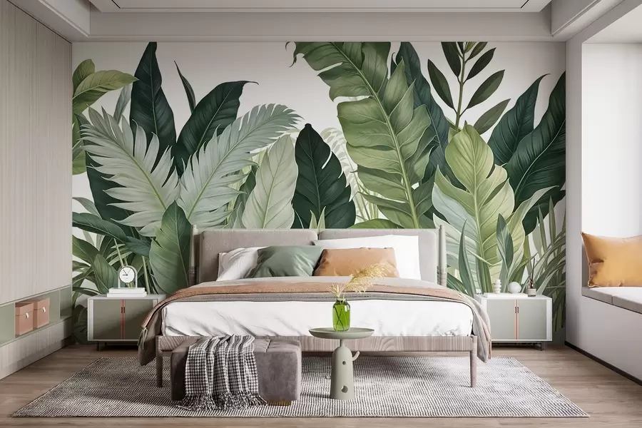 Murale Feuillage tropical avec diverses grandes feuilles vertes, y compris des feuilles de bananier, des feuilles de palmier et d'autres espèces de plantes exotiques w08609