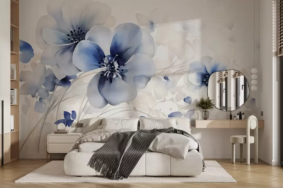 Fototapete Zarte aquarellartige blaue und weiße Blumen mit weichen Blütenblättern und verschwommenem Hintergrund w08610