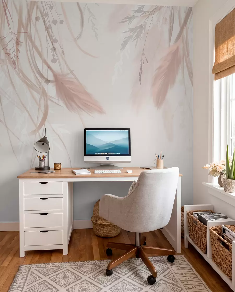 fototapeter Blødt, spinkelt pampasgræs og småaks i beige og rosa nuancer mod en lys baggrund w08611