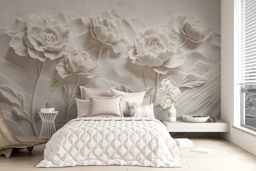 fototapeter En hvid blomsterimitation af reliefskulptur med store, detaljerede pæonblomster mod en ensfarvet baggrund w08612