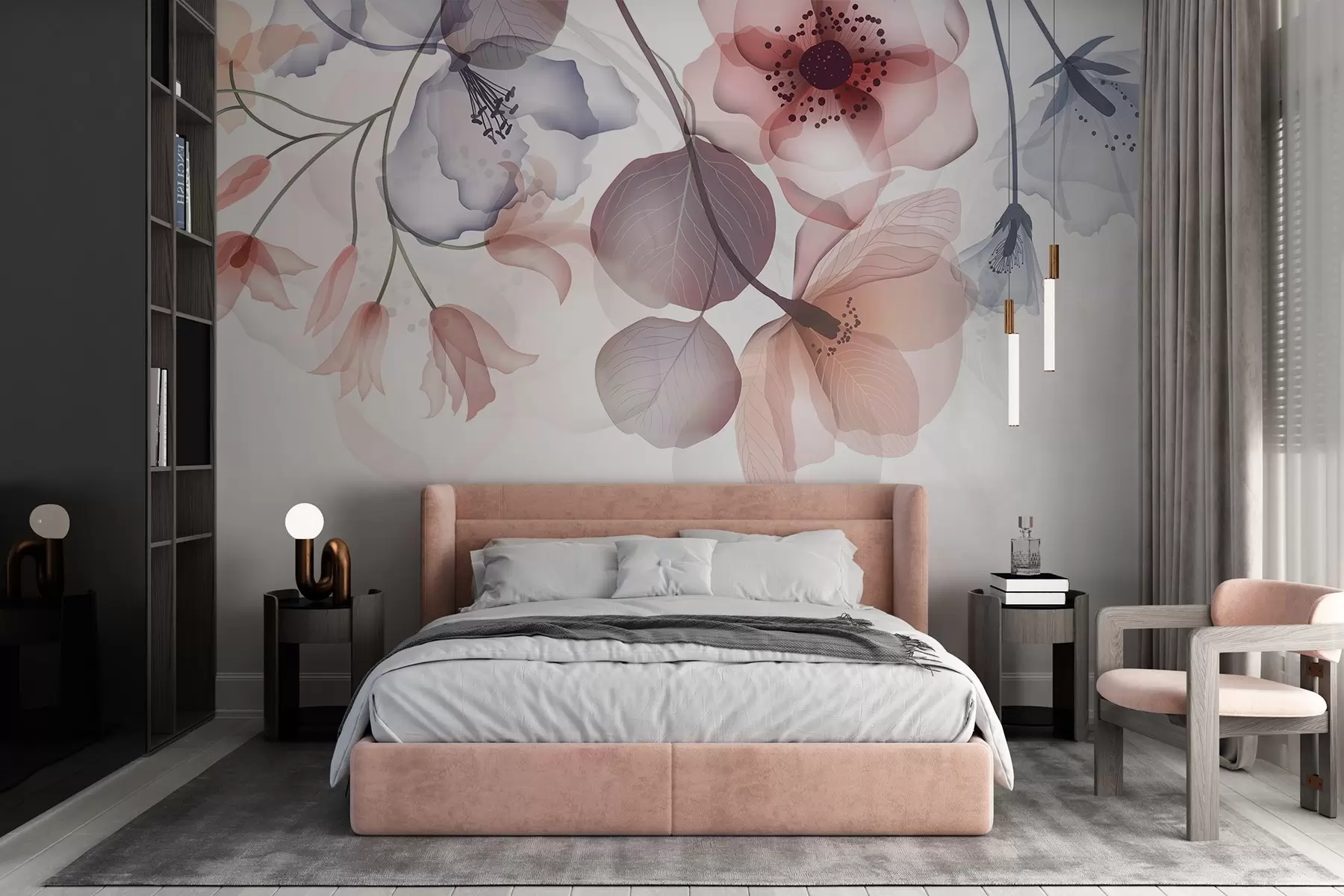 fototapeter Sarte rosa og grå gennemskinnelige blomster med bløde kronblade og mørke centre mod en lys baggrund w08613