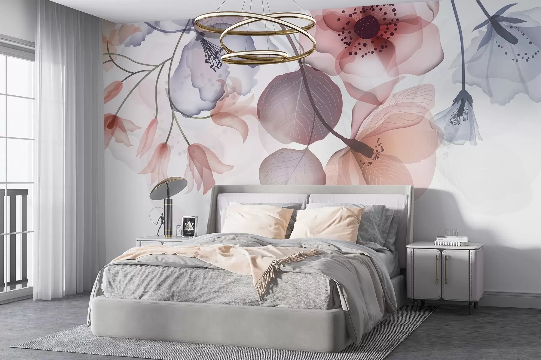 fototapeter Sarte rosa og grå gennemskinnelige blomster med bløde kronblade og mørke centre mod en lys baggrund w08613