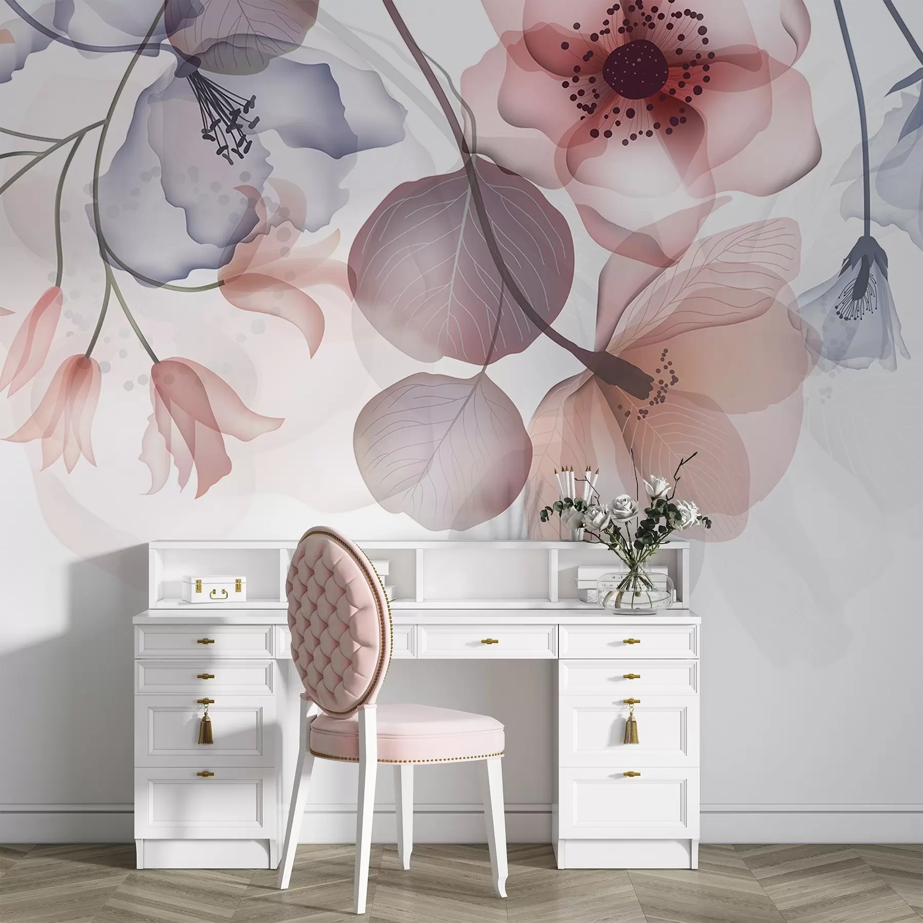 Fototapete Zarte rosa und graue durchscheinende Blüten mit weichen Blütenblättern und dunklen Zentren, vor hellem Hintergrund w08613