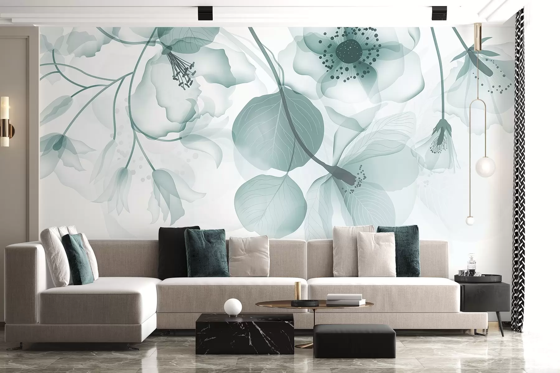 Murale Délicates fleurs translucides turquoise avec des pétales doux et des centres foncés, sur un fond clair w08613v1