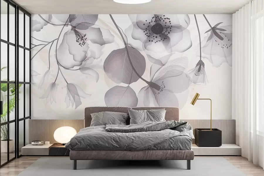 fototapeter Delikate grå og beige gennemskinnelige blomster med bløde kronblade og mørke centre mod en lys baggrund w08613v2