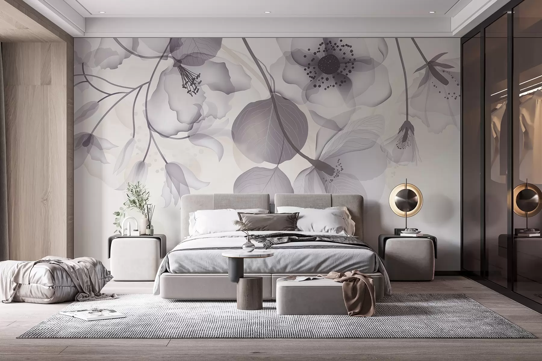 fototapeter Delikate grå og beige gennemskinnelige blomster med bløde kronblade og mørke centre mod en lys baggrund w08613v2