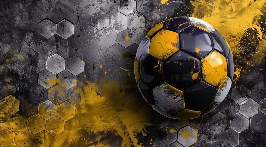 fototapeter Fodbold på en baggrund af honningkager med gule malingspletter w08616