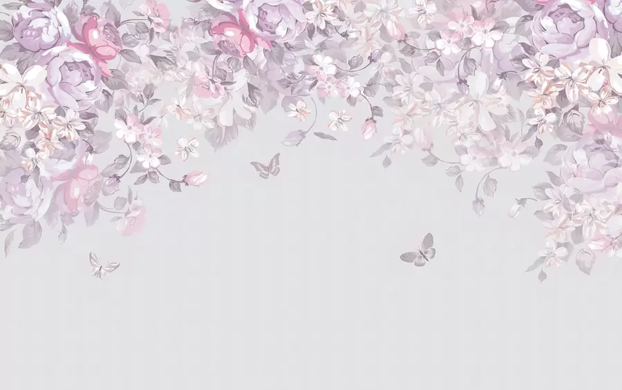 fototapeter Delikate blomster og flagrende sommerfugle u94295v2