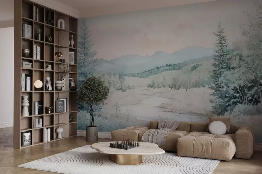 fototapeter landskab i akvarel-stil med grantræer w02689