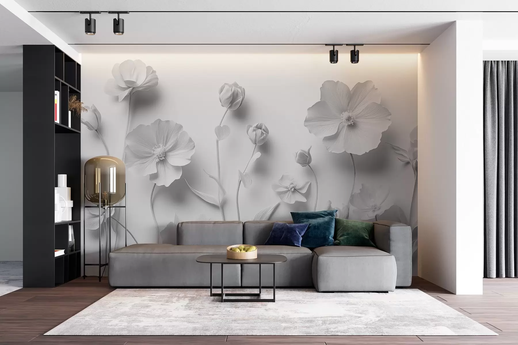 Murale Fleurs sauvages grises et coquelicots dans un style stucco w08630