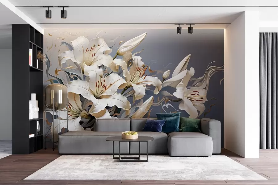 Fototapete Anspruchsvolle weiße Lilien auf grau-blauem Hintergrund w08633