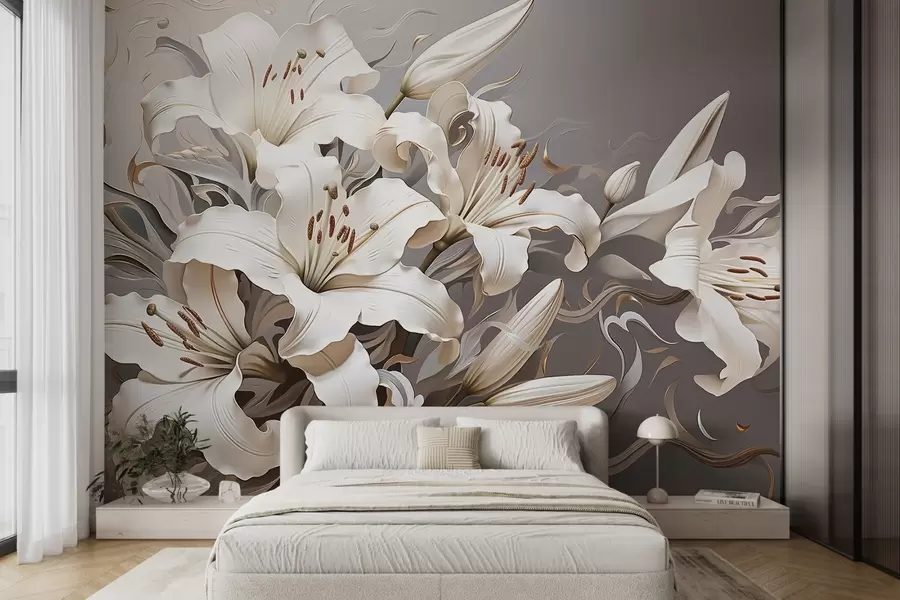 Fototapete Anspruchsvolle weiße Lilien in Pastelltönen w08633v1