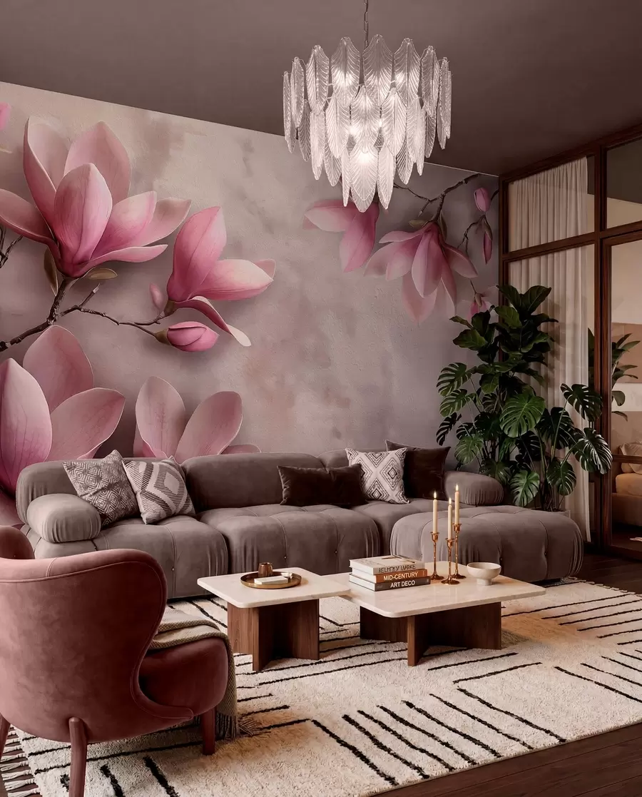 fototapeter Sarte lyserøde magnolier på en betonvæg w08636