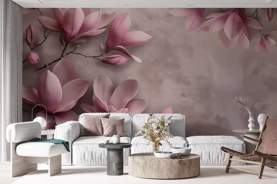 fototapeter Sarte lyserøde magnolier på en betonvæg w08636