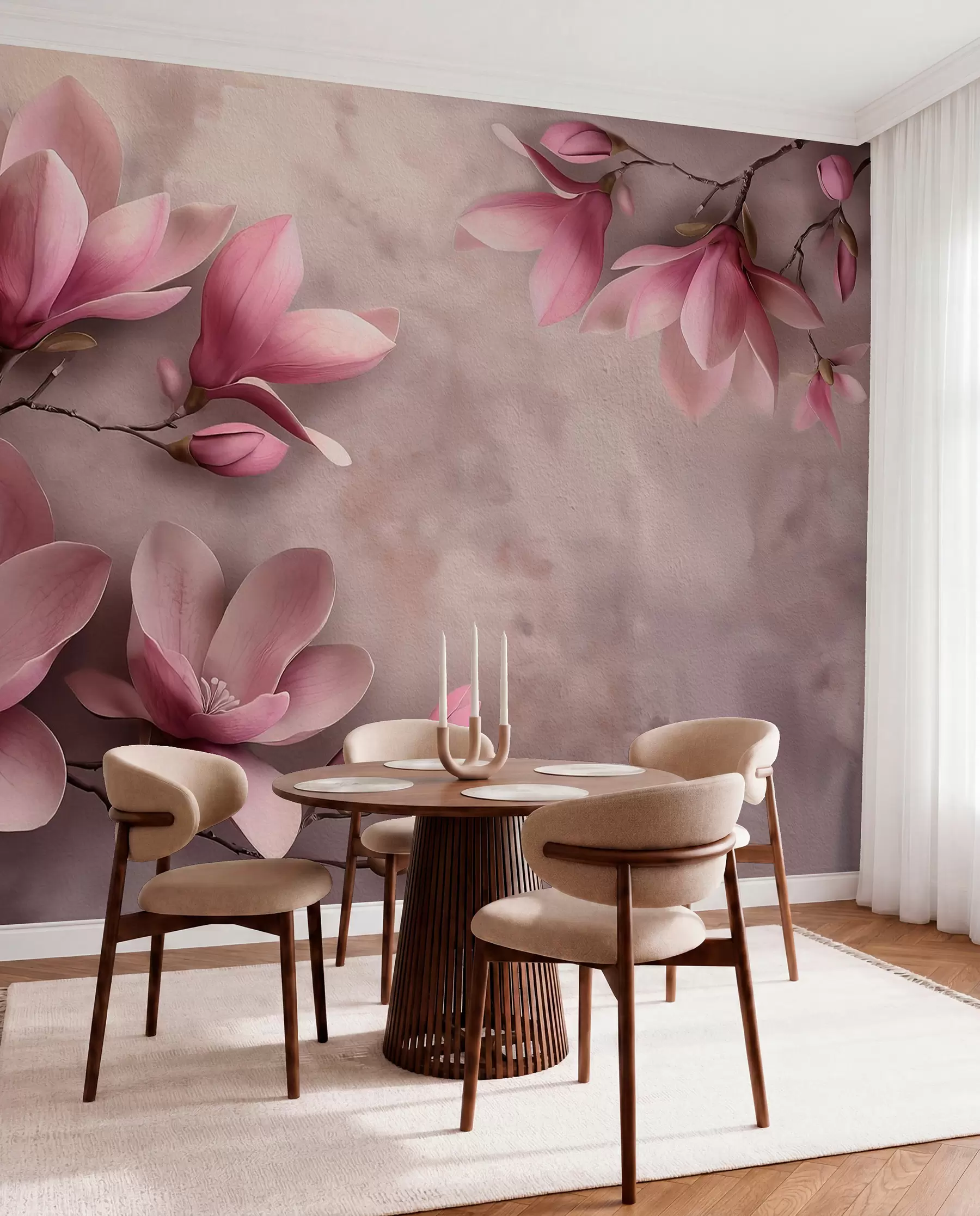 fototapeter Sarte lyserøde magnolier på en betonvæg w08636