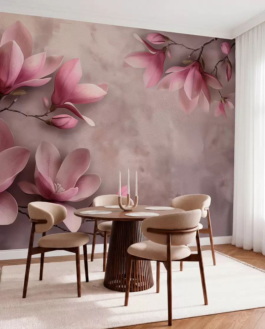 fototapeter Sarte lyserøde magnolier på en betonvæg w08636