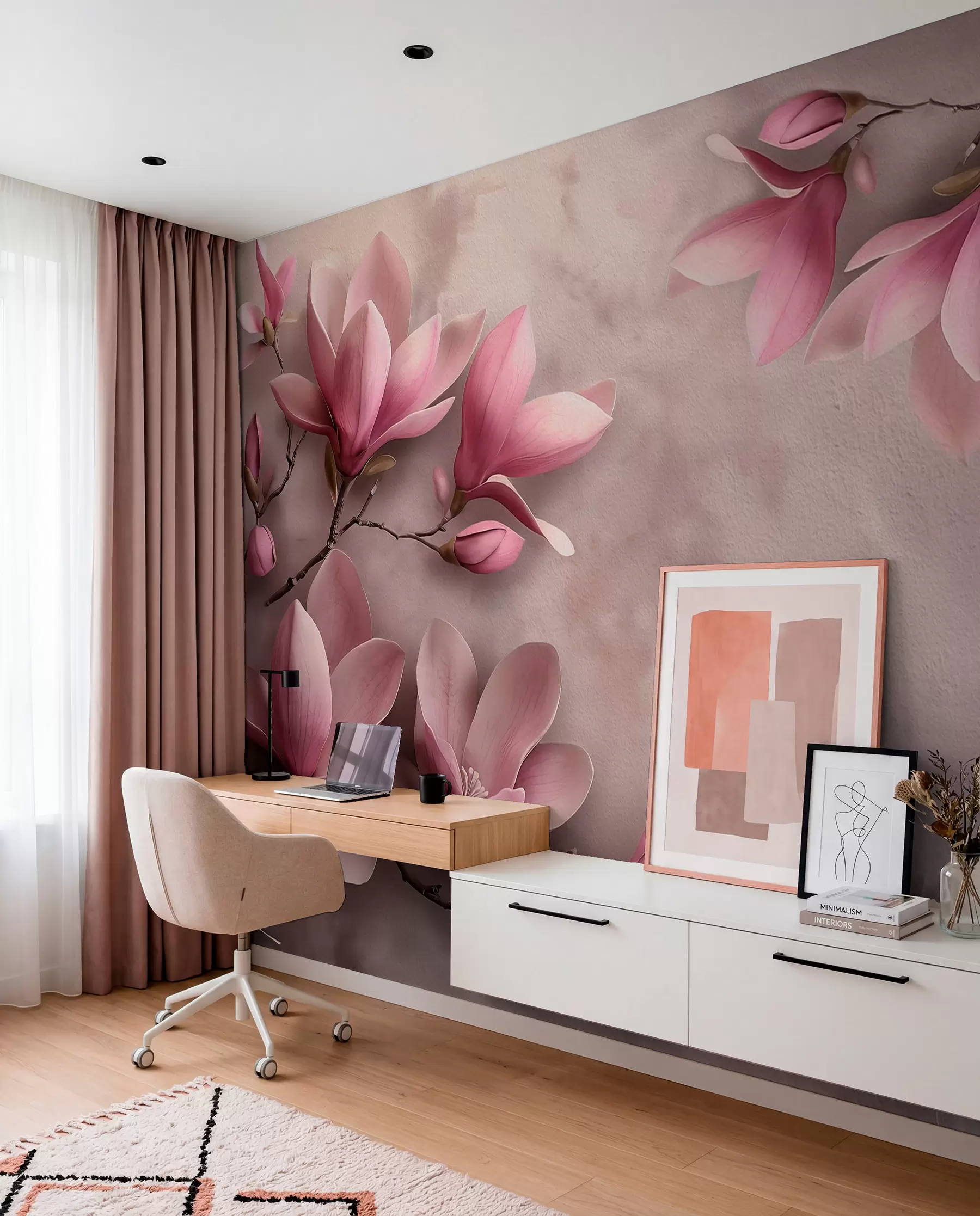 fototapeter Sarte lyserøde magnolier på en betonvæg w08636