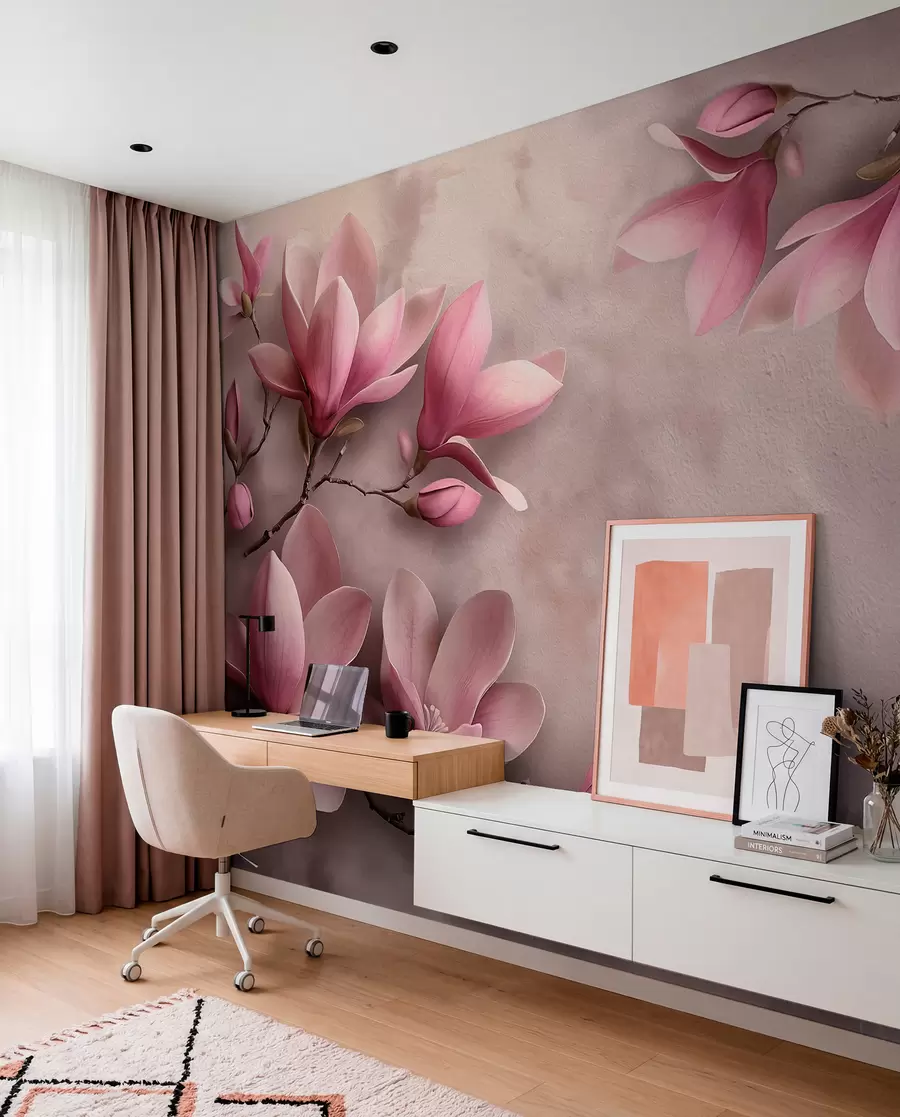 fototapeter Sarte lyserøde magnolier på en betonvæg w08636