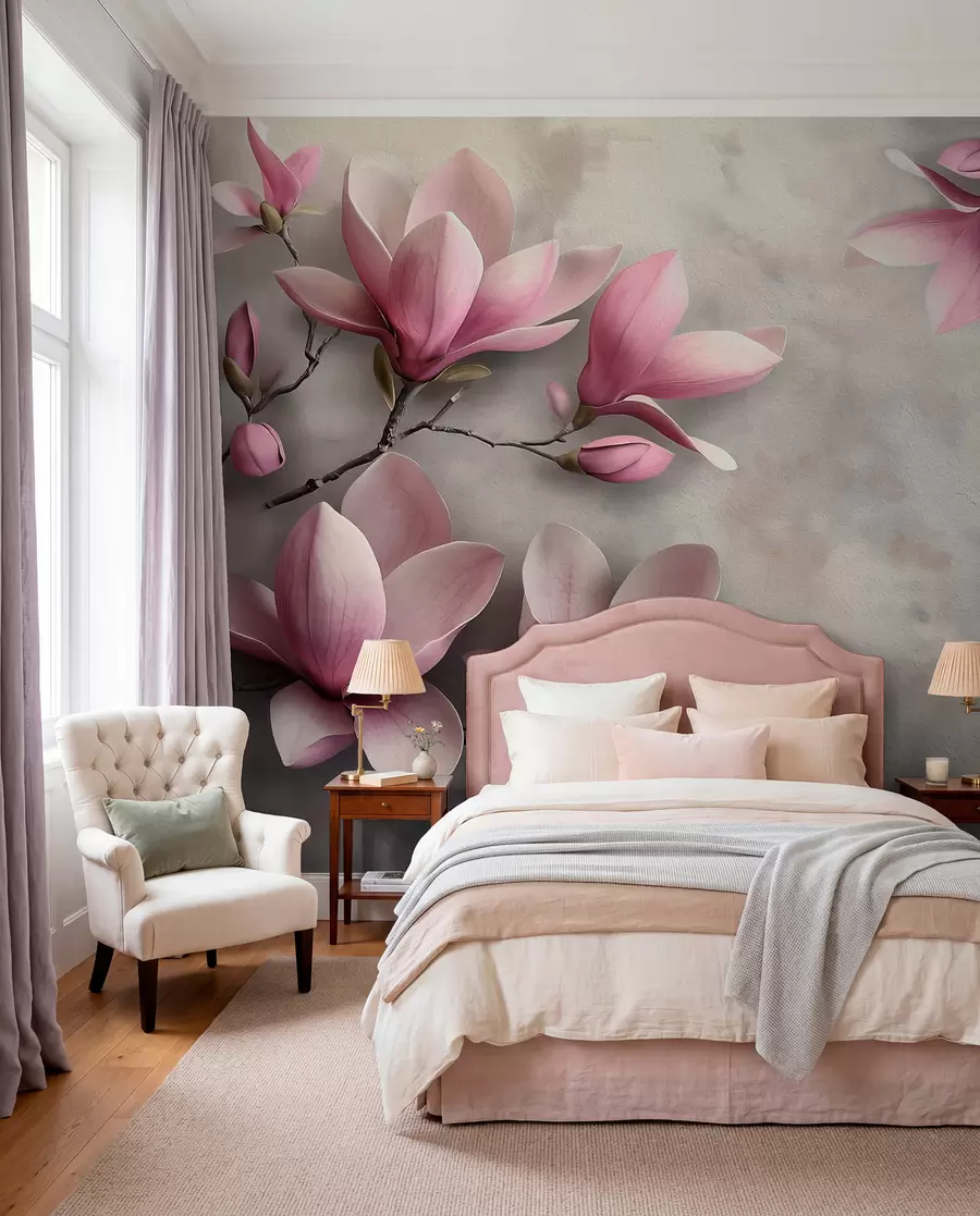 Fototapete Zartrosa Magnolien auf einer Betonwand in Grautönen w08636v1