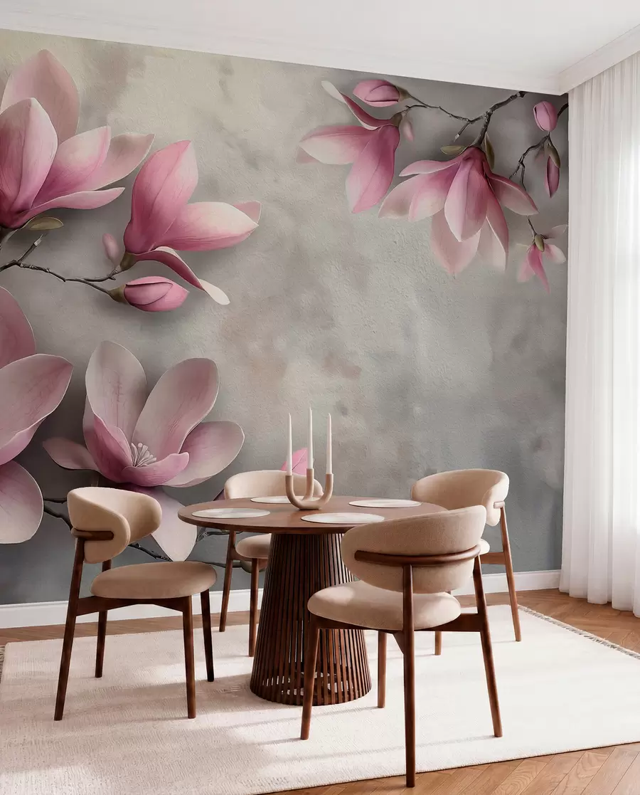 Fototapete Zartrosa Magnolien auf einer Betonwand in Grautönen w08636v1
