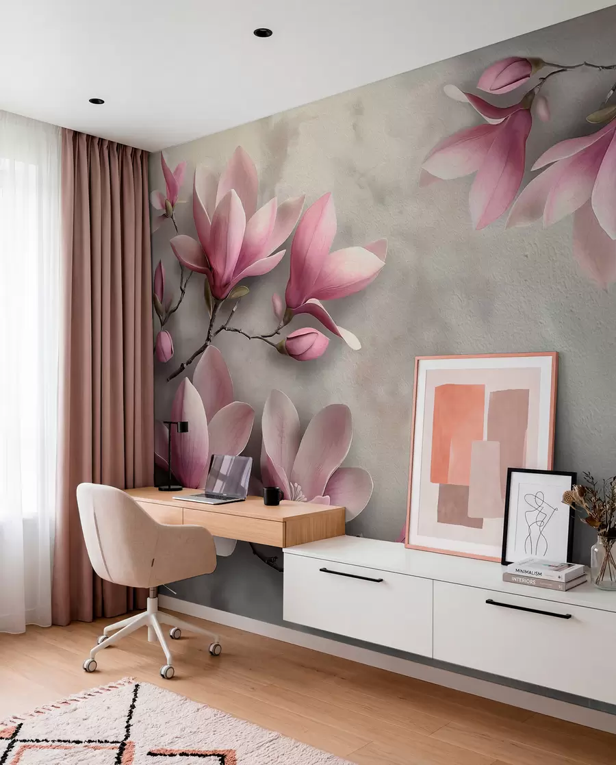 Murale Magnolias roses délicats sur un mur en béton dans les tons gris w08636v1