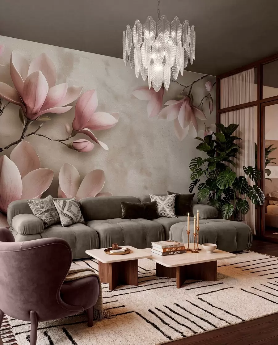 Murale Magnolias roses délicats sur un mur en béton dans des tons sépia w08636v2