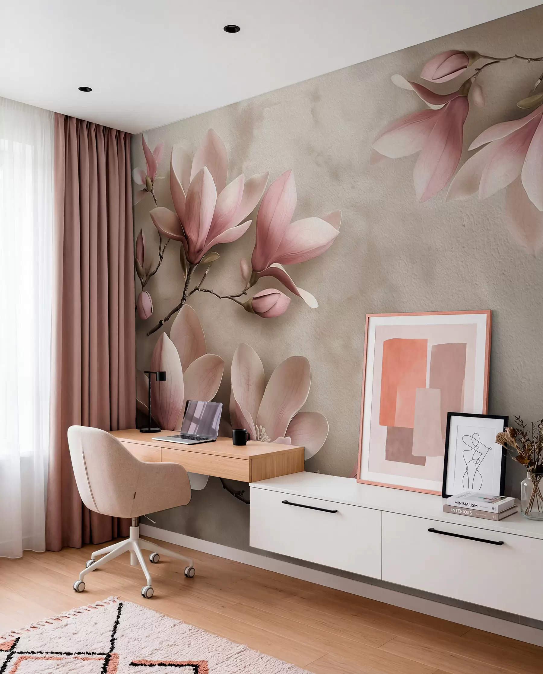 Murale Magnolias roses délicats sur un mur en béton dans des tons sépia w08636v2