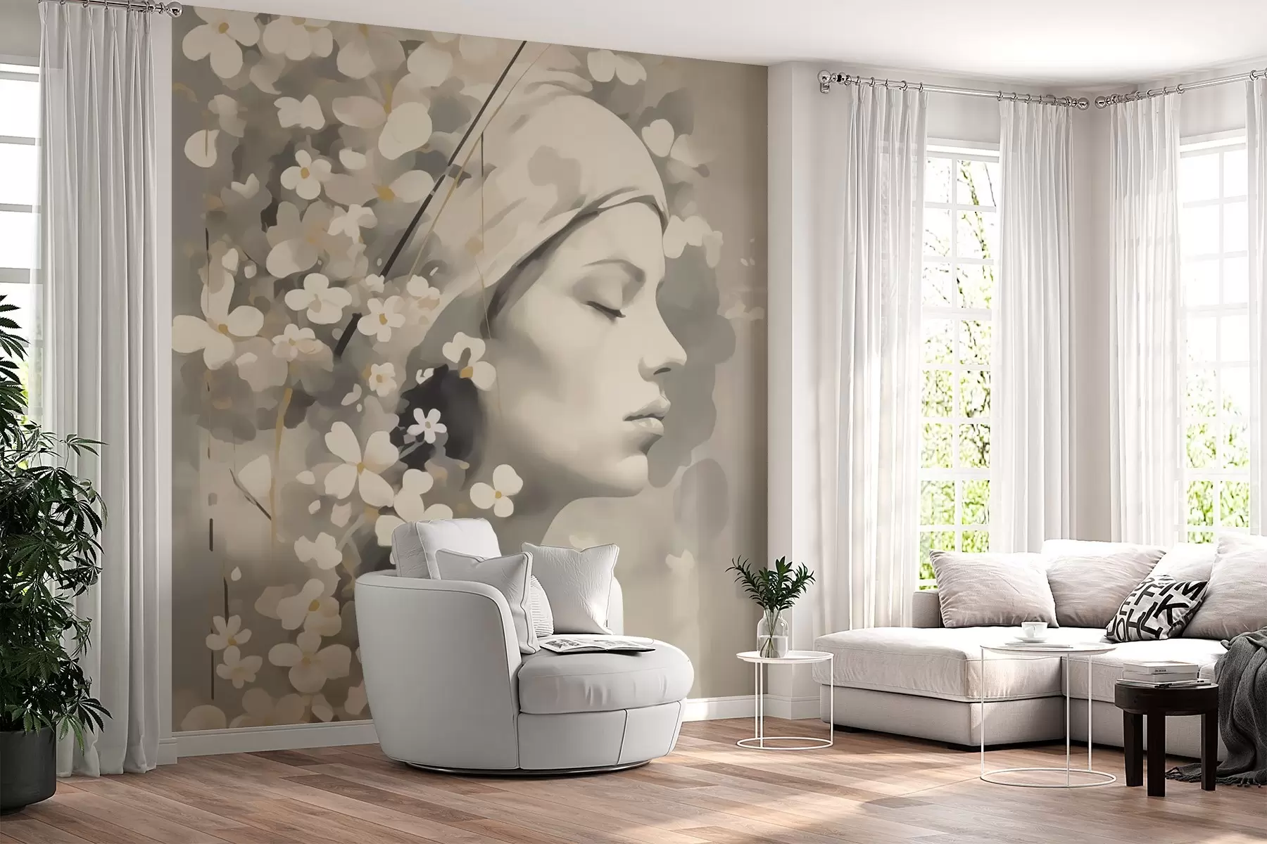 Fototapete Abstraktes Porträt eines Mädchens mit Blumen w02793