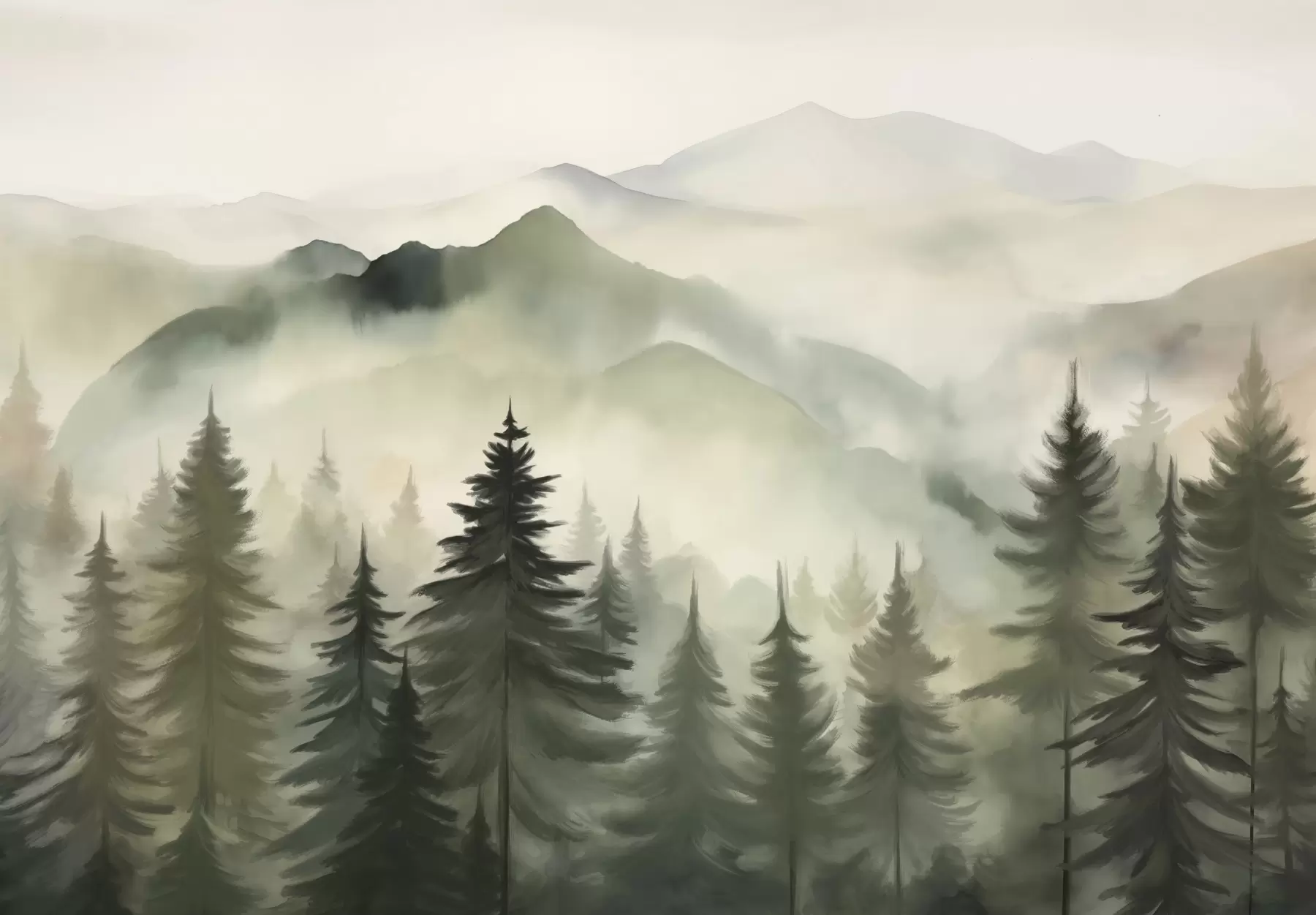 Murale Paysage de montagne avec une forêt de pins et des montagnes étagées à l'aube avec un léger brouillard aquarelle imitation art w08639