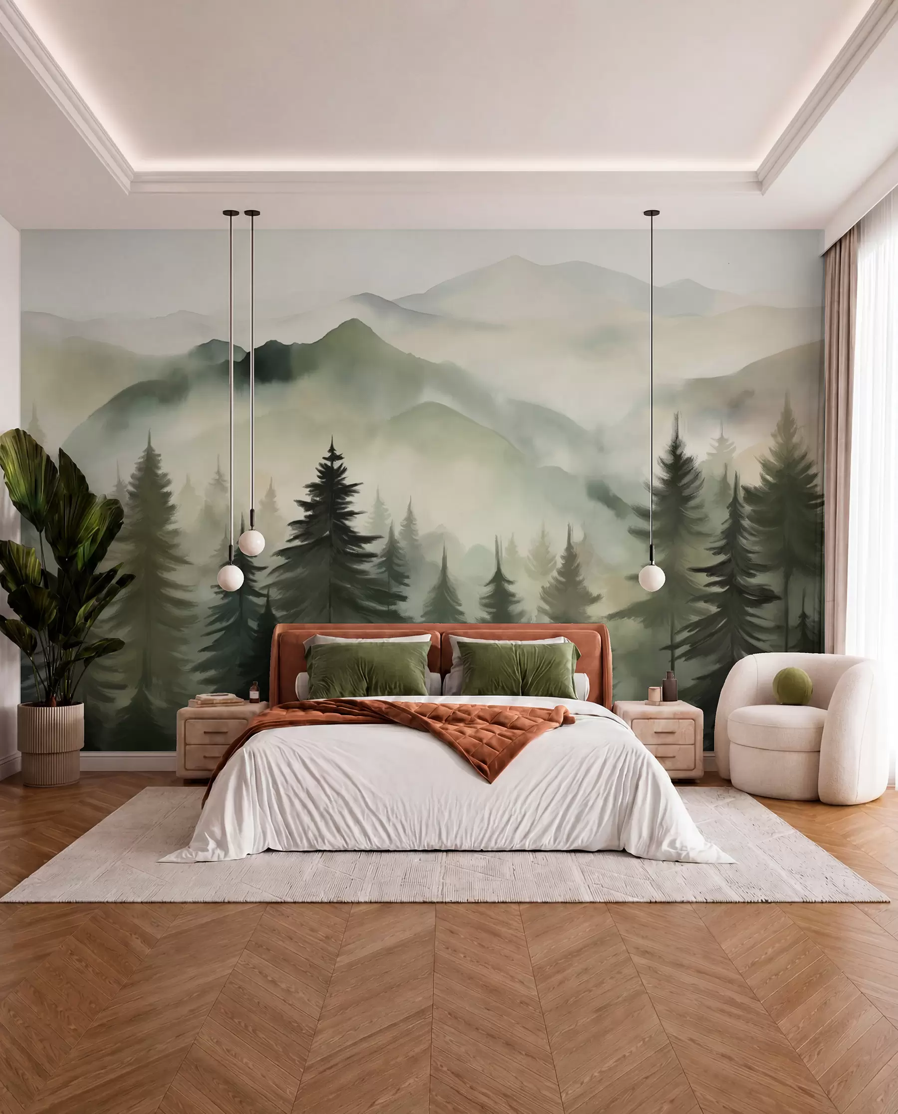 Fototapete Berglandschaft mit einem Wald von Kiefern und geschichteten Berge während der Morgendämmerung mit leichten Nebel Aquarell Nachahmung Kunst w08639